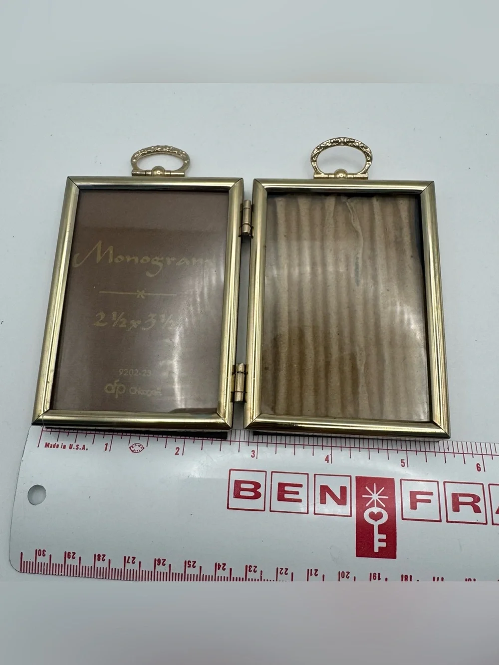 Vintage Monogram Brass Tone Double Hinged Picture Frame 2.5x3.5 Folding Photo
